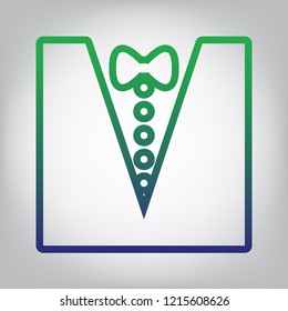 Tuxedo with bow silhouette. Vector. Green to blue gradient contour icon at grayish background with light in center.