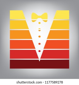 Tuxedo with bow silhouette. Vector. Horizontally sliced icon with colors from sunny gradient in gray background.