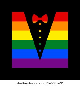 Tuxedo with bow silhouette. Vector. Icon with colors of LGBT flag at black background.