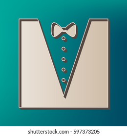 Tuxedo with bow silhouette. Vector. Icon printed at 3d on sea color background.