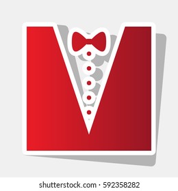 Tuxedo with bow silhouette. Vector. New year reddish icon with outside stroke and gray shadow on light gray background.
