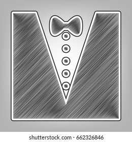 Tuxedo with bow silhouette. Vector. Pencil sketch imitation. Dark gray scribble icon with dark gray outer contour at gray background.