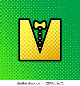 Tuxedo with bow silhouette. Vector. Pop art orange to yellow dots-gradient icon with black contour at greenish background.
