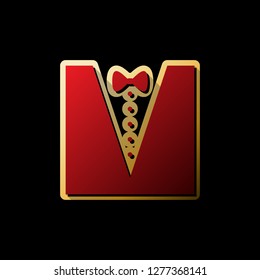 Tuxedo with bow silhouette. Vector. Red icon with small black and limitless shadows at golden sticker on black background.