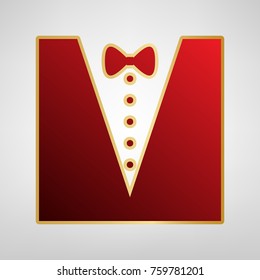 Tuxedo with bow silhouette. Vector. Red icon on gold sticker at light gray background.