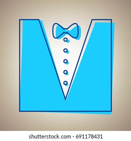 Tuxedo with bow silhouette. Vector. Sky blue icon with defected blue contour on beige background.