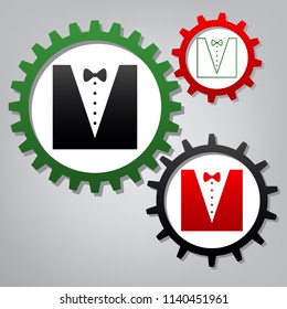 Tuxedo with bow silhouette. Vector. Three connected gears with icons at grayish background.
