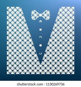 Tuxedo with bow silhouette. Vector. White textured icon at lapis lazuli gradient background.