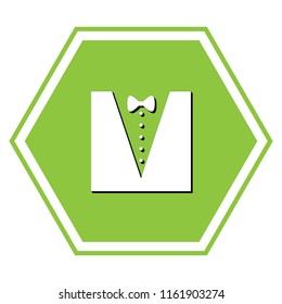 Tuxedo with bow silhouette. Vector. White icon with black shadow at yellow green honeycomb on white background.