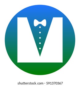 Tuxedo with bow silhouette. Vector. White icon in bluish circle on white background. Isolated.