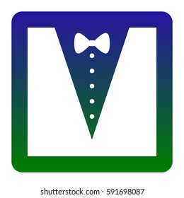 Tuxedo with bow silhouette. Vector. White icon at green-blue gradient square with rounded corners on white background. Isolated.