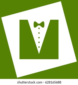 Tuxedo with bow silhouette. Vector. White icon obtained as a result of subtraction rotated square and path. Avocado background.