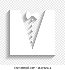 Tuxedo with bow silhouette. Vector. White icon with soft shadow on transparent background.