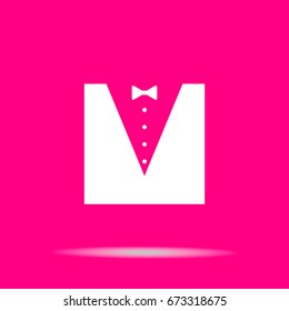 Tuxedo with bow silhouette. Vector. White  icon on pink background