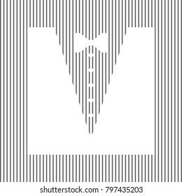 Tuxedo with bow silhouette. Vector. White icon on grayish striped background. Optical illusion.