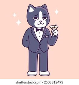 Tuxedo cat cartoon character. Funny cat in black tie suit holding martini glass. Cute vector illustration.