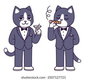 Personaje de dibujos animados de gato esmoquin. Gato divertido en traje de corbata negro que sostiene el vaso de martini y el cigarro que fuma. Linda Ilustración vectorial.