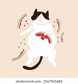 Tuxedo cat eat watermelon and is lying on his back surrounded by watermelon rinds and seeds in flat style. Summer design for postcard, banner and cloth.