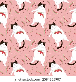 Tuxedo cat eat watermelon and is lying on his back surrounded by watermelon rinds and seeds in flat style. Seamless pattern design for postcard, banner and cloth.