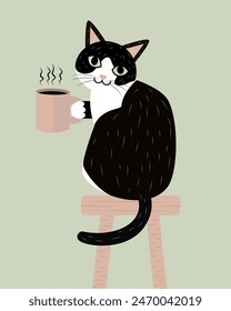 Tuxedo cat holding coffee while sitting, Vector illustration for greeting card, t shirt, print, stickers, posters design.