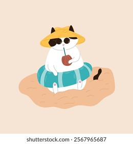 Tuxedo cat in an inflatable ring sits on the sand wearing sunglasses, a hat and drinks a cocktail in a coconut from a straw. Flat style illustration for summer design.