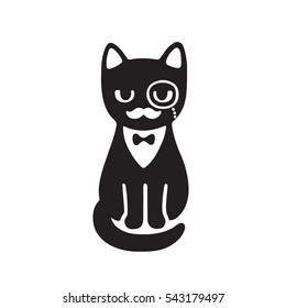 Tuxedo cat with monocle and bow tie. Funny cartoon vector drawing. Black and white cat with classy gentleman mustache.