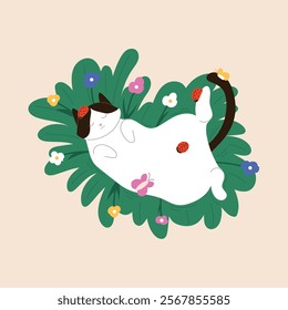 Tuxedo cat relaxing on grass surrounded by colorful flowers, ladybugs and butterfly in flat style. Perfect for spring, summer, nature and children design.