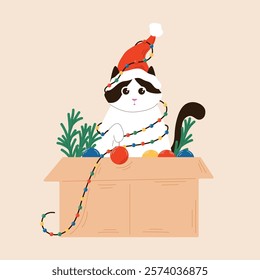 Tuxedo cat in a Santa hat sits in a box with Christmas toys and fir branches wrapped in a garland in flat style. New Year design for postcard.