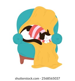 Tuxedo cat in a striped sweater sleeps on a chair in flat style. Perfect for postcard, winter and autumn cozy design.
