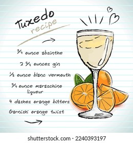 Tuxedo cocktail, vector sketch hand drawn illustration, fresh summer alcoholic drink with recipe and fruits	
