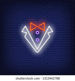 Tuxedo collar and bow tie neon sign. Gentleman concept design. Night bright neon sign, colorful billboard, light banner. Vector illustration in neon style. - Shutterstock ID 1313442788