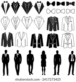 Juego de vectores de iconos de Tuxedo. Colección de signos de la ilustración de la chaqueta de la cena. Símbolo o logotipo.