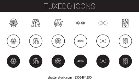tuxedo icons set. Collection of tuxedo with wedding car, suit, bow tie. Editable and scalable tuxedo icons.