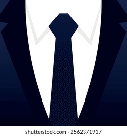 Tuxedo jacket suit with necktie. Gradient blue colored tuxedo and tie with geometric pattern. Ceremonial suit. Vector illustration