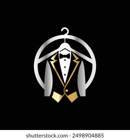 Tuxedo logo design template. Elegant golden suit on a black background.