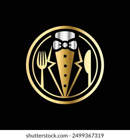 Tuxedo logo template vector illustration. Elegant elegant suit with bow tie and fork.