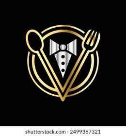 Tuxedo logo template vector illustration. Elegant elegant suit with bow tie and fork.