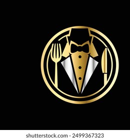 Tuxedo logo template vector illustration. Elegant elegant suit with bow tie and fork.