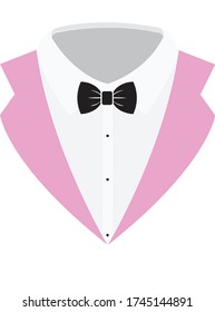 tuxedo pink suit, white shirt, and black bow tie