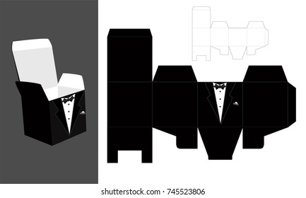 Tuxedo - printable  square packaging with lid. Groom - wedding favor box. Fast and easy folded. Blueprint paper template. Open gift in vector.