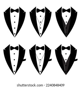 Tuxedo set with bow ties. A symbol of service for men. The concept of a tuxedo with a bowtie. Butler Sign Gentleman. Waiter Costume. Groom's Tuxedo. Flat style vector illustration