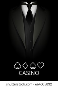 Tuxedo With Suit Of Cards Background. Casino Concept. Elite Poker Club. Clean Vector Illustration