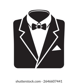 Tuxedo suit icon with a bow tie representing formal wear for a groom at a wedding a gentleman at a gala or a fancy event vector solid glyph icon