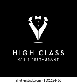 Tuxedo Waiter Suit Bowtie with Wine Bottle for Luxury Dinner Restaurant Logo design 