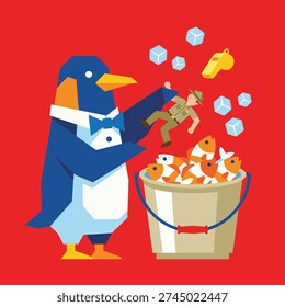 A tuxedo-clad penguin performs a magic trick, pulling a toy soldier from a hat into a bucket filled with fish.