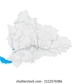Tuzla, Tuzla Canton, BosniaandHerzegovina high resolution vector map with city boundaries and editable paths. White outlines for main roads. Many detailed paths. Blue shapes and lines for water.
