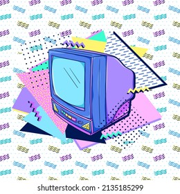 TV 90s Style Poster. Retro Television. Retro Color TV Set. Movie Night. Retro Technology. 1990s Trendy Illustration. Nostalgia For The 90s.