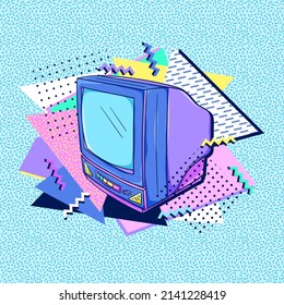 TV 90s Style Poster. Retro Television. Retro Color TV Set. Movie Night. Retro Technology. 1990s Trendy Illustration. Nostalgia For The 90s.