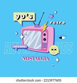 TV 90s style poster or retro television. Cute funny vector design with speech bubbles and text. Modern bright illustration. Editable stroke. 90's nostalgia.