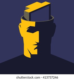 TV addicted. Male open head with TV set inside. Mass media influence concept vector illustration.